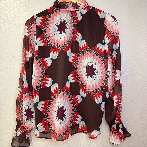 NWT LOFT Garden Smocked Ruffle Tie Neck Blouse Windsor Wine Ruffle Sheer Flowy - Picture 9 of 10